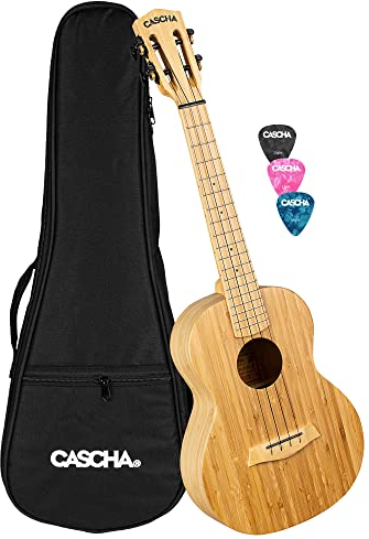 Cascha Bamboo Natural Tenor Ukulele Erwachsene & Kinder - inkl.3 Plektren & gepolsterte Tasche - Bambus-Ukulele für Anfänger oder Fortgeschrittene - hochwertige Carbon-Saiten - Top Qualität