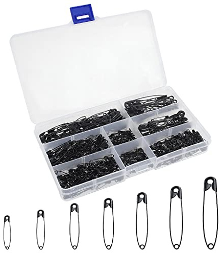 YOYUSH 460 Pcs 7 Sizes Safety Pins, Rust Resistant Small Medium Large Safety Pins for Clothes, Assorted Nickel Plated Steel Sewing Pins for Crafts Arts Quilting Pinning (Black)