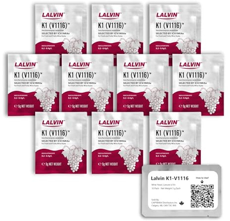 Lalvin K1-V1116 Wine Yeast (10 Pack) - Sold by CAPYBARA Distributors Inc. | Make Wine Cider Mead Kombucha At Home, 5 g Sachets, Saccharomyces cerevisiae