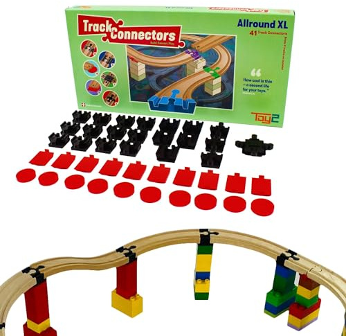 TOY2 Allround Set med 41 skenkontakter lämplig för BRIO & Duplo träbana | Byggsats med 6 olika spårkontakter | Hållbar träjärnväg järnvägsanslutning och träskenor kontakter