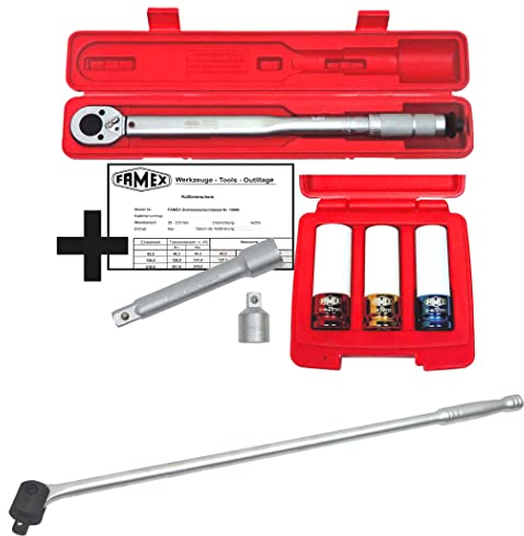 FAMEX 10905 Drehmomentschlüssel Auto Reifenwechsel Radwechsel Set 1/2 Zoll (12,5mm) - 30-210 Nm - Toleranz +/- 3% - 3 Schon Einsätze für Radschrauben - extrem belastbarer Gelenk-Drehgriff 600mm