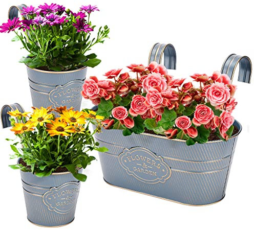 PerGar Vintage Metall Eisen Wandbehang Blumentöpfe, Rustikaler Pflanzkübel Eimer Kräuterblume Pflanzenhalter mit Abnehmbaren Haken & Drainage Loch für Geländer Zaun Balkon Deck Garten Home