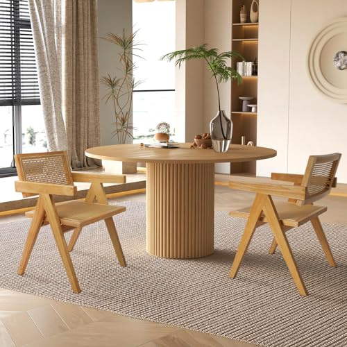Rattan Dining Chairs Set of 2, Wooden Armchair Cane Kitchen Chairs with Arms, Light Walnut Color