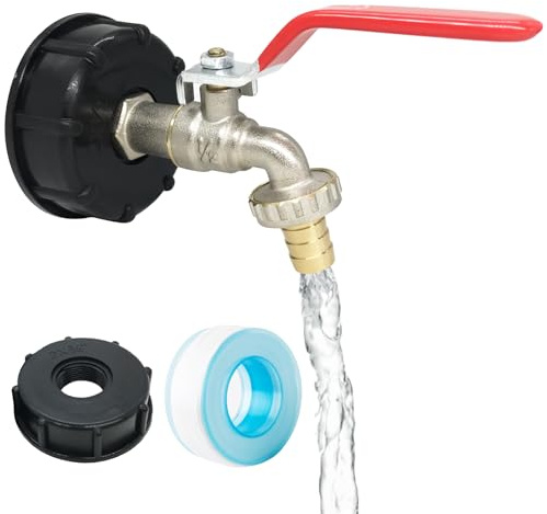 CHENGSHI IBC Auslaufhahn 1000L Wassertank mit Adapter 1/2 Zoll Anschluss – Wasserhahn aus Messing für IBC Tank Zubehör, passend für s60x6 Regenwassertank & Ibc Tank Zubehör, für Garten & Industrie