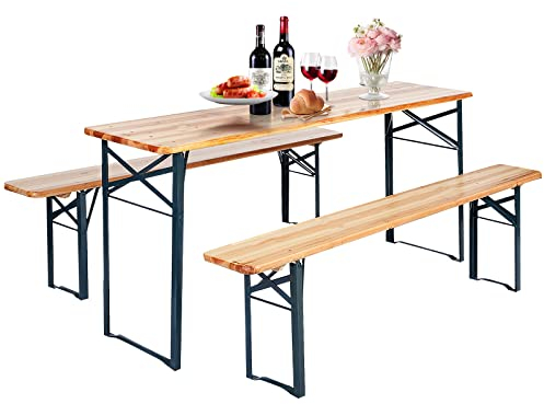GOPLUS Bierzeltgarnitur klappbar, Biertisch mit 2 Bierbänke 178 x 46 x 76 cm, Biertischgarnitur aus Tannenholz mit Metallrahmen, 3 teilig Gartenmöbel-Set für Camping, Picknick & Party, Natur