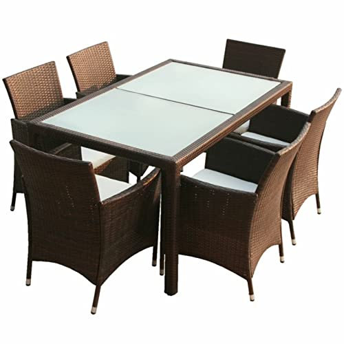 Yolola Polyrattan Gartenmöbel Set Rattan Essgruppe 6 Personen Gartenmöbel Essgruppe mit Auflagen Sitzgruppe Garten 7-TLG. Gartengarnitur Terrassenmöbel Braun und Weiß