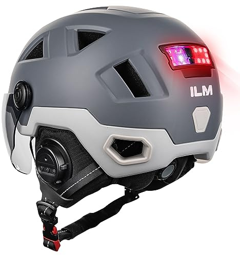 ILM Smart Bluetooth Fahrradhelm Damen Herren mit Visier Warnung Bremse LED Lichtsensor Lichtfunktion Kopfneigen Blinken Auszulösen Modell E3-12LSBT,Bluetooth Grau,S/M