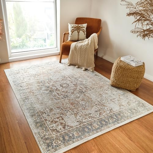 Livabliss Bridgetown Teppich waschbar in der Waschmaschine - Vintage Teppich Groß für Wohnzimmer 120x170 cm, Schlafzimmer, Küche - Orientalischer Boho Teppiche, Braun, Creme