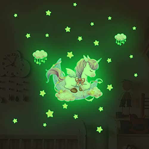 HGDESIGN® Wandtattoo Leuchtend Wandaufkleber Leuchtsticker Einhorn Regenbogen Kinderzimmer Babyzimmer Kind Baby Junge Mädchen Wandsticker Wandbild Wanddeko Selbstklebend (Variante C)
