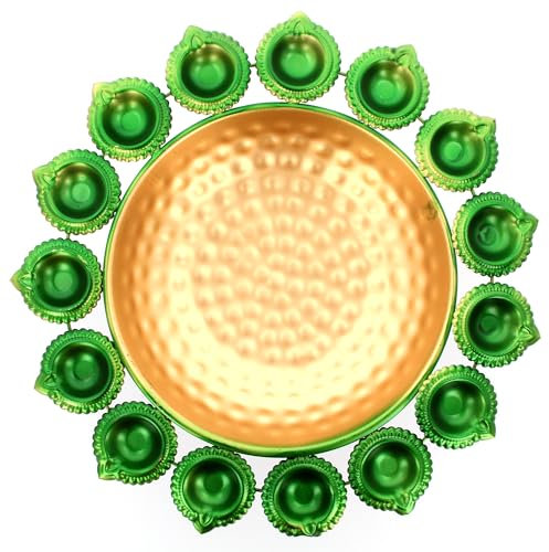 Metal Urli Bowl Diwali Decoration Diya Lamp Holder for Tea Lights Floating Candles Flowers Diyas Traditional Indian Festival Navratri Decorative for Home Wedding Table Décor Gift (Green - Large)