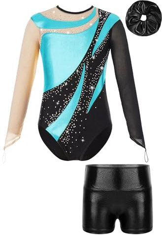 iiniim Kinder Mädchen Turnanzug Gymnastikanzug Trikotanzug Glänzend Gymnastik Leotard mit Shorts Haarband Wettbewerb Tanzkostüm Türkis&Schwarz 134-140