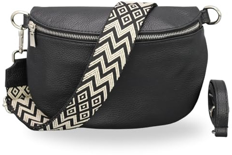 Brise Art Bauchtasche Damen Echtleder AFIA Silber Handgemachte Umhängetasche Crossbody Bag mit Ledergurt + Optionalen Breiten Gemusterten Riemen 3 Fächer Hüfttasche Made in Italy (Schwarz-Silber 3)