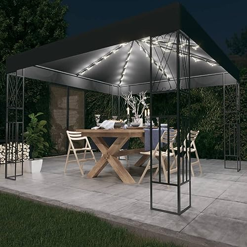 ShCuShan Pavillon mit LED-Lichterkette 3x3 m Anthrazit Stoff Pop Up Pavillon Wasserdicht Stabil Winterfest
