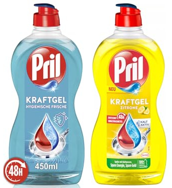 PRIL Kraftgel-Set 1x Zitrone & 1x Hygienische Frische, Handgeschirrspülmittel-Set mit höchster Fettlösekraft, für sauberes Geschirr auch in kaltem Wasser, 2x 450ml