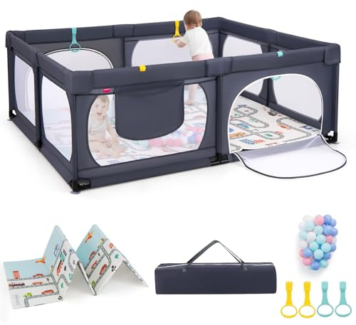 COSTWAY Parque Infantil Bebe,189 x 158 cm,Centro de Actividades para Bebés de 0 a 3 Años con 4 Anillas de Tiro y 50 Bolas Plásticas, Puerta y Malla, Bolsillo y Bolsa de Transporte (Gris oscuro)
