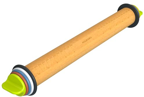 Aguegro Rolling Pin with Adjustable Thickness Ring, Dough Thickness for Baking, Fondant, Pizza, Crust, Cookies, Pastry, 13.6'' Wooden Rolling Pin with 4 Multi-Color Thickness Rings