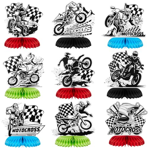 Zonon 9 Piece Dirt Bike Party Decorations Cross Country Motorcycle Birthday Honeycomb Centerpiece Table Decoration Racing Theme Party Supplies Photo Booth Props(Black Silhouette)