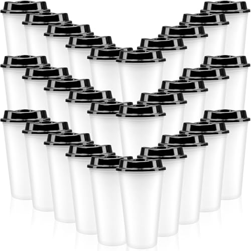 MSYU 30 Pack Reusable Coffee Cups with Lids 16 oz Plastic Tumblers for Hot Drink Travel Coffee Mug to Go (White with Black Lid)