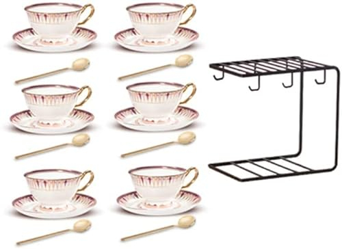 BIBTOO Juego de Tazas de té Estilo Palacio Juego de Tazas de té Juego de Tazas de café británico con Cuchara y platillo Soporte for Tazas Taza de Leche for Espresso(Pink,6 pcs)