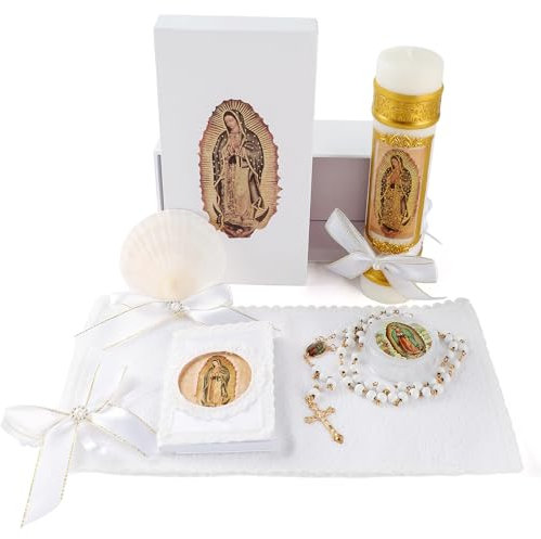 Baptism Candle Set for Boys and Girls,5 PCS Baptism Kit Virgen De Guadalupe Catholic Candle,Towel,Shell,Rosary,Bible for Baptismal Christening First Communion Gift,Velas para Bautizo De Niño o Niña