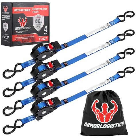 ARMORLOGISTICS Retractable Ratchet Straps 4 Pack, 1 in x 12 FT Auto Ratchet Straps for Motorcycle, Kayak and Trucks, Breaking Strength 1,500LBS/500LBS Working Load Limit Blue