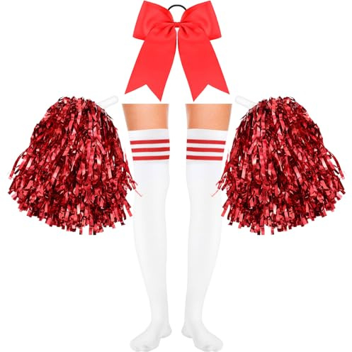Boyiee 4 Stück Cheerleader Kostüm Set für Karneval Sport | 2 Cheerleader Pompons Handblumen, 1 Schleife Haarbänder, 1 Paar Strümpfe, Cheerleader Outfit, Faschingskostüme