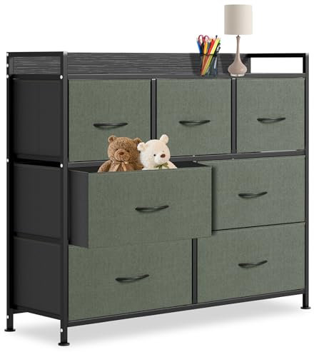 AufuN Kommode mit 7 Schubladen, Schubladenschrank, Aufbewahrungsschrank aus Stoff, Komodenschrank für Wohnzimmer, Flur, Schlafzimmer, Stabiler Metallrahmen, Holztischplatte, Modern-Grau