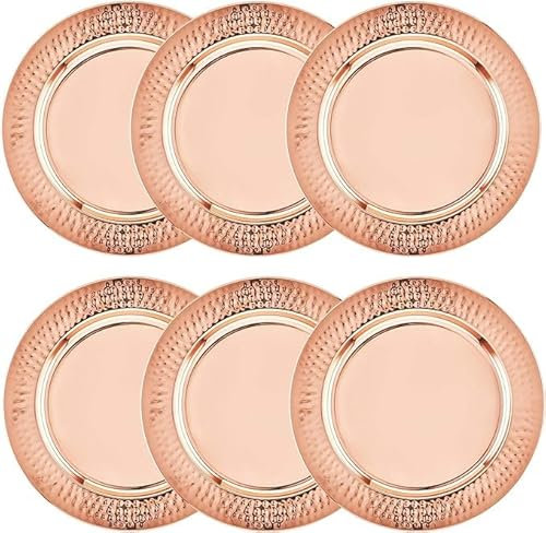 Bonito Home Copper Charger Plates - 6 Pack - 13 inch Round Rose Gold Charger Plates with Hammered Rim - Copper Charger Plate Set