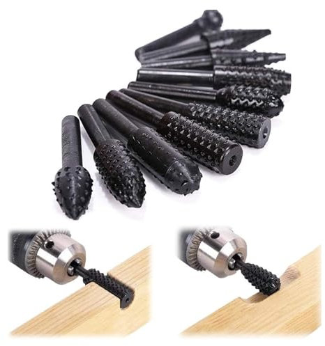 Alriedy Lot de 10 râpes à bois avec tige hexagonale de 6,3 mm – Kit de râpe et de fraisage professionnels pour perceuses, avec fraise à boule, cylindre, à tenon et à cône pour sculpture sur bois