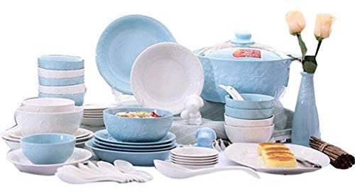 MYUYEE Elegante Juego de vajilla Resistente de 61 Piezas Juego de vajilla de Porcelana Azul y Blanca Juego de vajilla Combinado Servicio para 10-12 Personas，