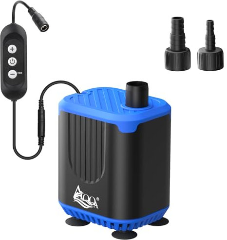 AQQA Pompa per Acquari DC12V 1600 L/H, Pompa Sommergibile Silenziosa 15 W con Controller Esterno, 4 Livelli di Portata, Modalità Alimentazione, Ideale per Vuotare Vasche, Laghetti, Fontane da Giardino