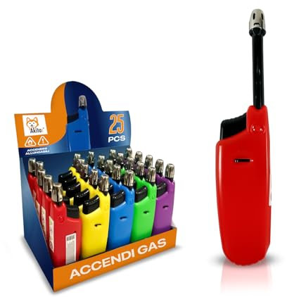 Akitaink Accendini Allungabili a Gas Ricaricabili, in Plastica con pistone allungabile - Colori assortiti, Accendino sicuro - Box da 25 Ricaricabile