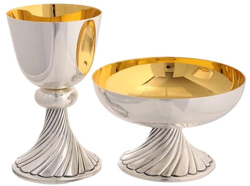 Holyart Molina Chalice and Offertory Paten set in silver-plated brass, Bowl patenChalice cup diameter: 10 cm|Chalice height: 18 cm|Paten diameter: 16 cm|Paten height: 10 cm