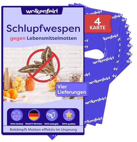 Wolkenfeld Schlupfwespen gegen Lebensmittelmotten – 16 Karten (4 Karte à 4 Lieferungen) – Effektive & Chemiefreie Mottenbekämpfung – Natürliche Alternative zu Mottenfallen, Sprays & Pheromonfallen