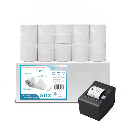 50 Thermorollen 80mm x 80m x 12mm Garantierte 80 Meter Lauflänge Premium Kassenrollen 48g/m² BPA-frei für alle gängigen Registrierkassen & EPOS Bondrucker 50 Rollen