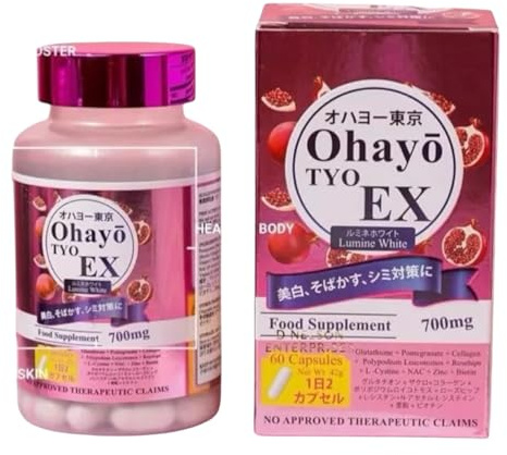OhayoTokyo EX Lumine White Food Supplement, Pomegranate Extract with Glutathione, Collagen, 60 Capsules, 700mg