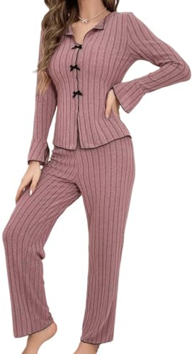 Fjquamitix Women's Long-Sleeve Pyjama Set, Soft and Breathable Women's Pyjamas Set with Adjustable Waist, Front Button Closure,Women's Casual Loungewear (UK, Alpha, XL, Regular, Regular, Lotus Pink)