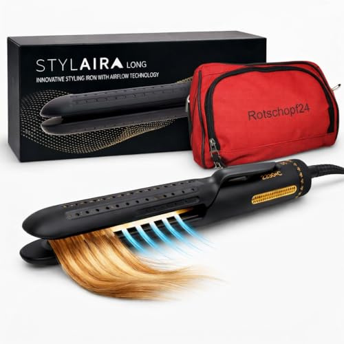 Rotschopf24 Efalock STYLAIR LONG Glätteisen Airflow Keramik + Tasche | 2in1 Haarglätter für glattes Haar, Locken und Wellen. Airflow mit Hitze und Kaltluft, 140–220 °C, 58 W.