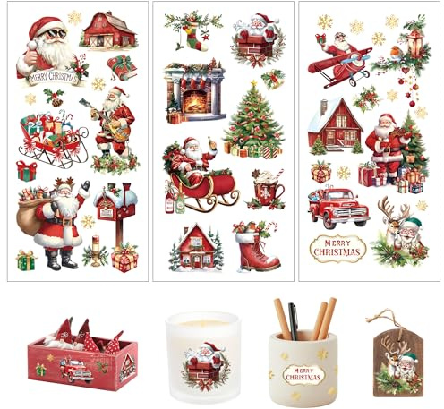 Joeyan Rub On Transfer Sticker Weihnachten, Weihnachtsmann Weihnachtsdeko Folie für Geschenke Party, 3 Stück DIY Basteln Deko Aufkleber für Holz,Glas,Metall,Porzellan,Papier und Kunststoff, 29x14cm