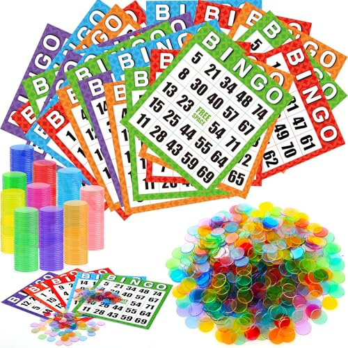 Eersida 1100 Pack Jumbo Bingo Game Cards with Bingo Chips Sets for Seniors, 1000 Transparent Scoring Chips, 8 x 9 Reusable Easy to Read Paper Cards Board Games Sets for Family Night Activities