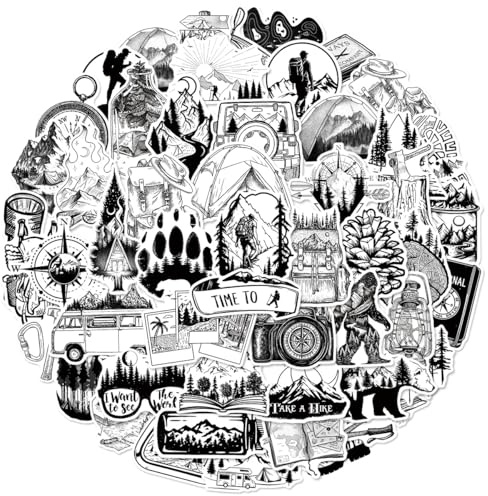 50PCS Cool Black White Mountain Climbing Sticker for Water Bottle,Bumper,Computer,Notebook,Luggage,Outdoor Adventure Cartoon Waterproof Vinyl Sticker,Teens Kids Decal,Travel Aesthetic Graffiti Decals