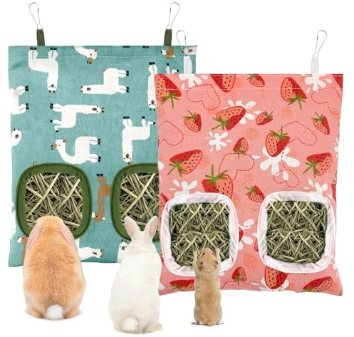 2PCS Hanging Hay Feeder,Rabbit Hay Feeder Bags,Hole Hanging Hay Feeder | Suitable for Small Pet Animals such as Rabbits, Guinea Pigs, and Chinchillas (Pink + Green)