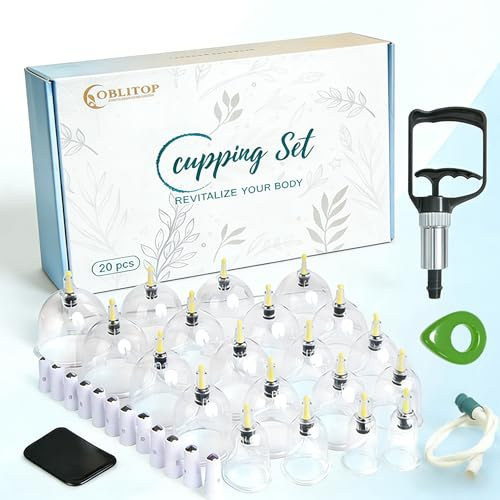 OBLITOP Lot de 20 ventouses en verre avec pompe à vide - Taille V2.0 - Pour homme et femme - Gobelet sous vide pour muscles du corps, maux de dos, massage cellulite, ventouse