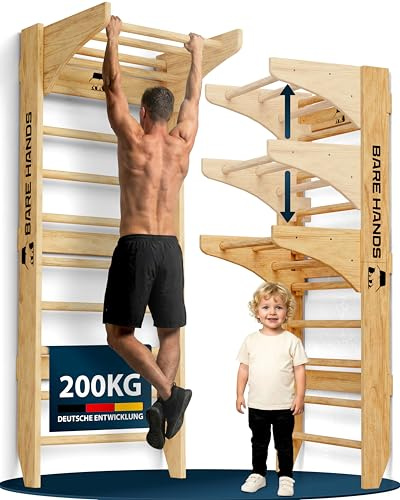 Bare Hands Espalier en Bois pour Adulte et Enfant – Échelle Suédoise Ultra Robuste Jusqu’à 200 kg – Espalier Gym & Musculation pour la Maison – avec ou sans Barre de Traction et Barres à Dips
