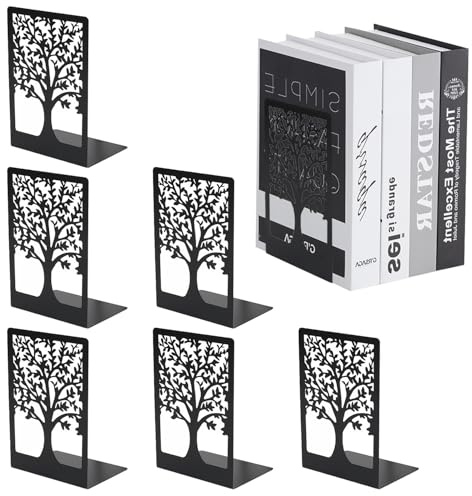 6 Stück Buchstützen Metall, Buchhalter Regal mit rutschfeste Bücherstopper, Muster der Form des Lebensbaums, Bookend Holder Bücherstopper Bücherhalter für Schule Zuhause Büro Bibliothek