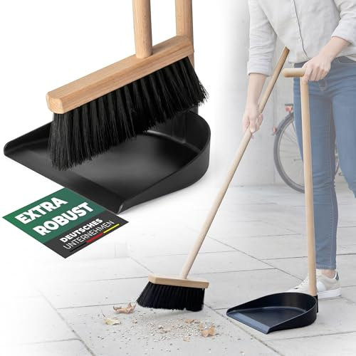 Novaliv Kehrschaufel Set mit langem Stiel – Stehkehrgarnitur Holz, Besenkopf Buche & ABS-Schaufel, aufrecht kehren ohne Bücken, 92 cm