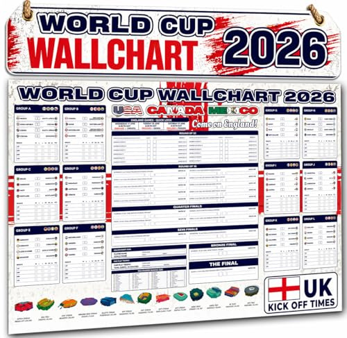World Cup Wall Chart 2026 – England World Cup Chart - Huge A1 Football Tournament Poster Planner with Fixtures, UK Kick Off Times, TV Channels, Stadiums & Match Schedule Folded to A4