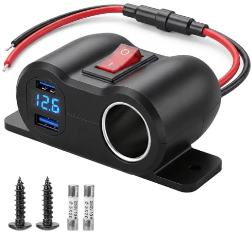 Vexnaro USB Voiture,Allume Cigare Voiture, Prise Allume Cigare USB, Adaptateur Répartiteur avec Interrupteuret Voltmètre pour 12V/24V Bateaux et Camping Cars (QC+QC)