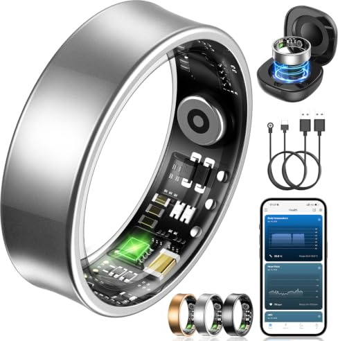 NAIXUES Smart Ring Herren Damen, Fitness Ring Tracker mit Gestensteuerung, Herzfrequenz(HRV), SpO2, Schlaftracker, 170+ Sportmodi 5ATM Wasserdicht Smartring für Android und iOS, Size 12, Silber