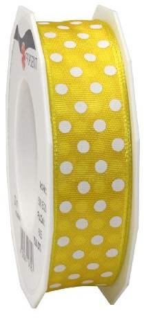 PRÄSENT Polka DOTS Band mit Drahtkante gelb/weiß, 20 m gepunktetes Dekoband, 25 mm Breite, leicht biegsames Schleifenband zum Dekorieren & Basteln, für besondere Anlässe